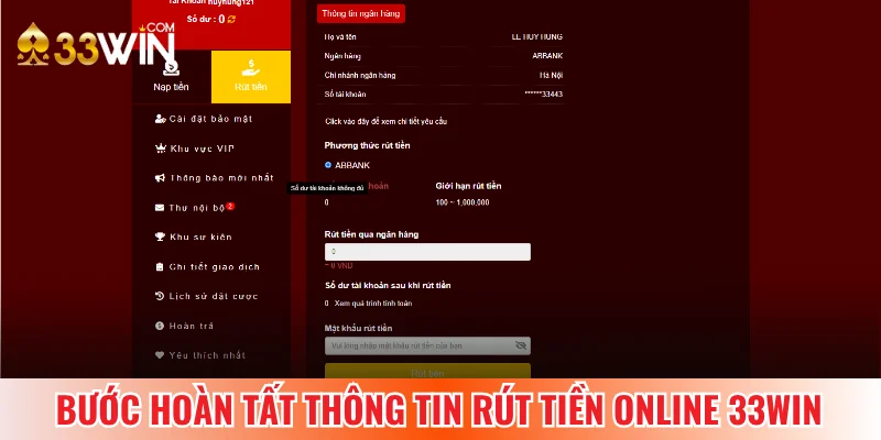 Điền thông tin hoàn tất rút tiền online